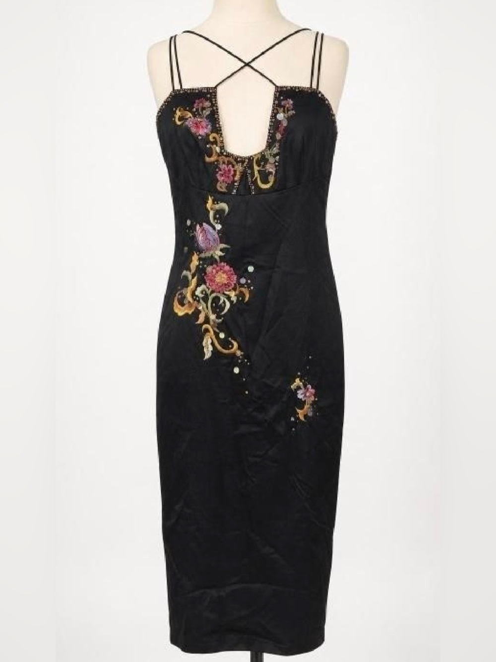 Y2K Julian Joyce Mandalay Black Floral Sequin Sheath Midi Dress Square Neck